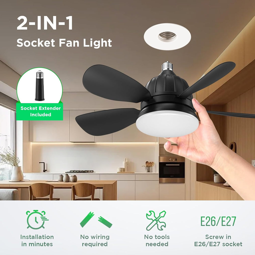 Socket Fan Light with Remote: 18'' Small Ceiling Fans with Lights, 2000 Lumens Dimmable Led Bulb, 3 Colors 3000K-6500K, Easy Install Screw in E26 Base for Bedroom Living Room Kitchen Garage A101-B0D49PQTNZ
