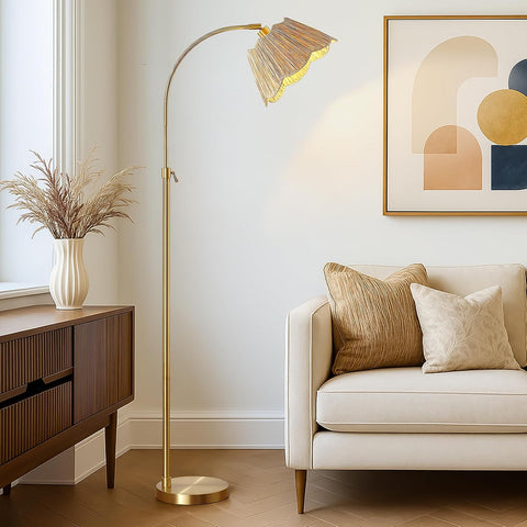 64'' Adjustable Arc Floor Lamp with Natural Rattan Woven Shade, Brushed Gold Mid-Century Modern Boho