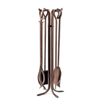 5 Piece Hand Forged Iron Fireplace Tool Set 32.5" | Bronze Wrought Iron Handle for Outdoor Indoor | Stand Poker