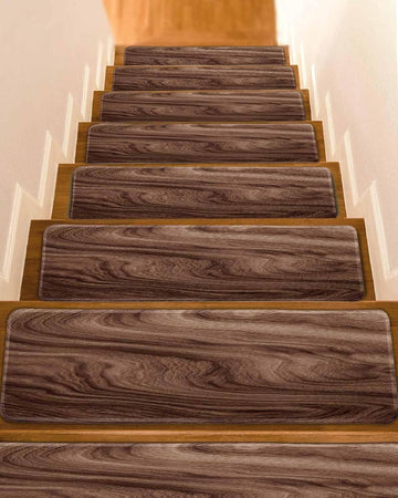 Brown Wave Wood Grain Stair Treads Farmhouse Plants Annual Rings Texture Indoor Non Slip Peel and Stick Stair Treads