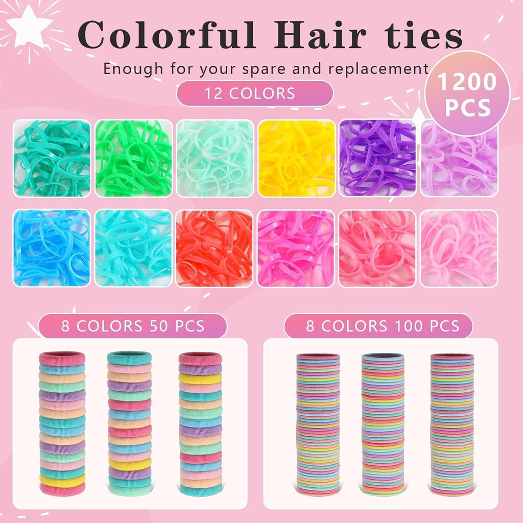 Hair Accessories for Girls, 1350P Colorful Hair Ties with 44P Hair Clips