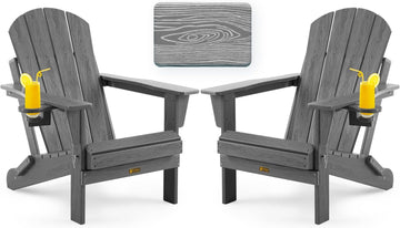 Folding Adirondack Chair, Patio Chair Wood Texture, Outdoor Chair Weather Resistant, Fire Pit Chair with Cup Holder