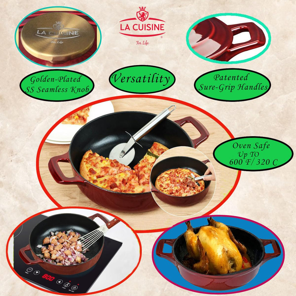 La Cuisine Enameled Cast Iron Braiser Sauté Pan Shallow Dutch Oven with Golden Knob for Lid Internal Matt Black