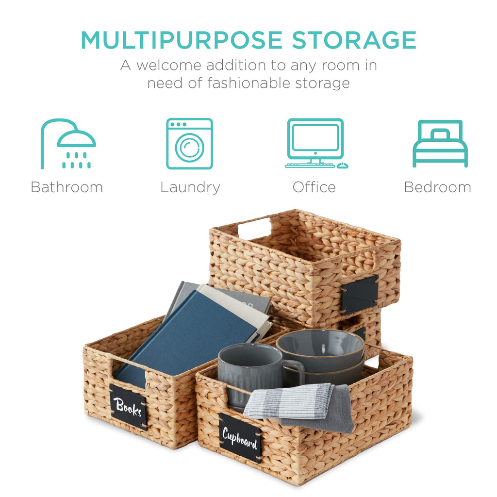 Set of 4 9x12in Water Hyacinth Pantry Baskets, Woven Organizers w/Chalkboard Label, Chalk Marker - Natural