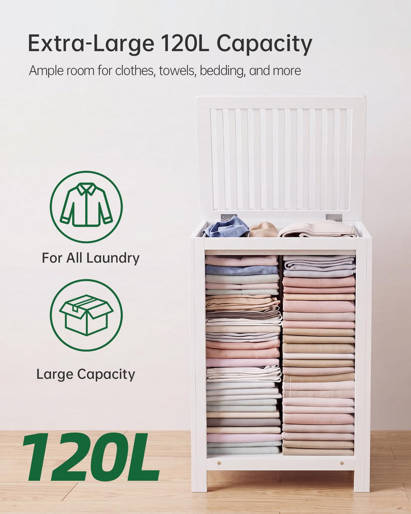 Double Laundry Hamper with Lid, 120L Bamboo Laundry Basket with Removable Liner Bag, 2-Section Clothes Divider