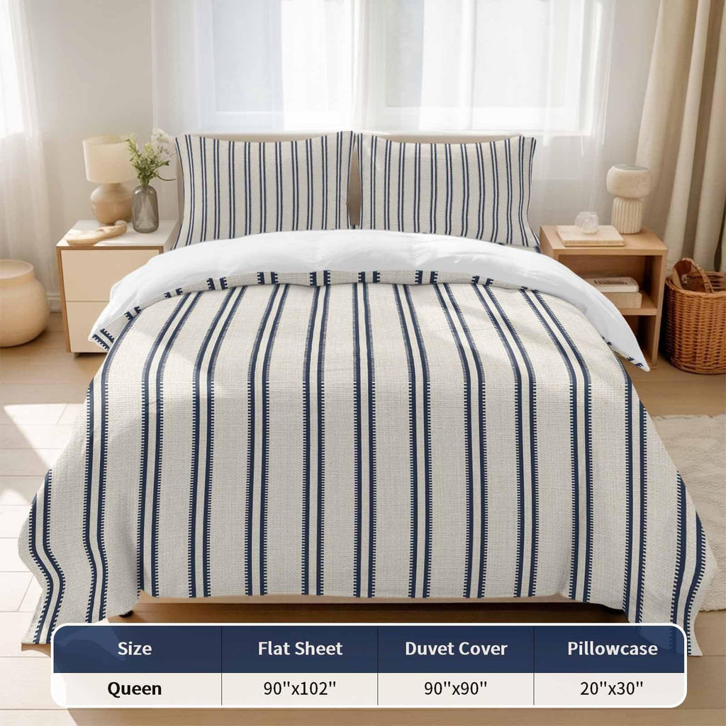 Blue Ticking Stripe 4 Piece Duvet Cover Set, Coastal Vertical Lines Khaki Comfort Bedding Set Include 1