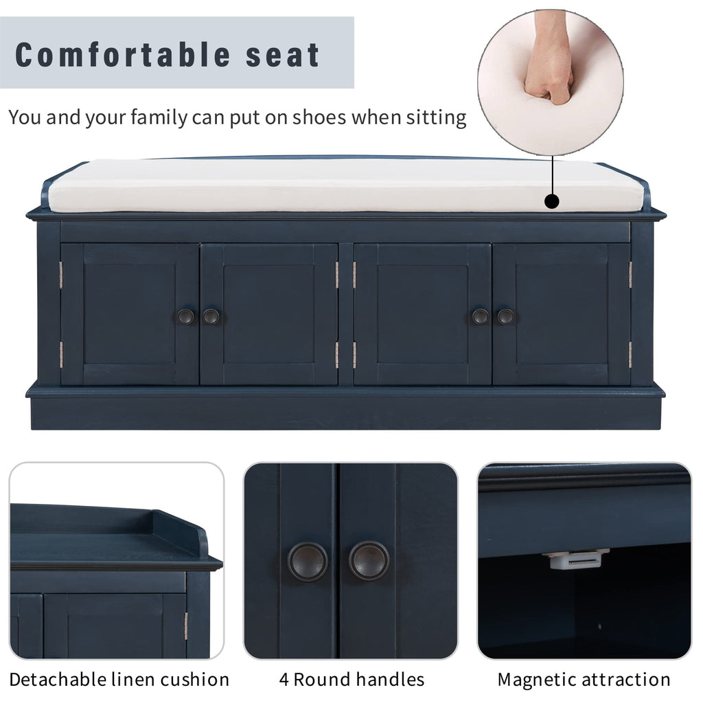 Farmhouse Storage Bench, Wood Storage Benches with Adjustable Shelves, Shoe Bench with Storage and Removable Cushion