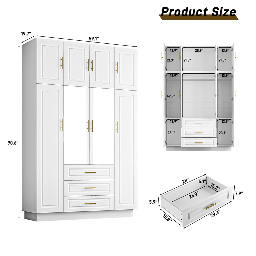 Large Armoire Wardrobe Closet Cabinet with Drawers and LED Lights, Multi-Tier Shelves, Hanging Rod, Large Capacity