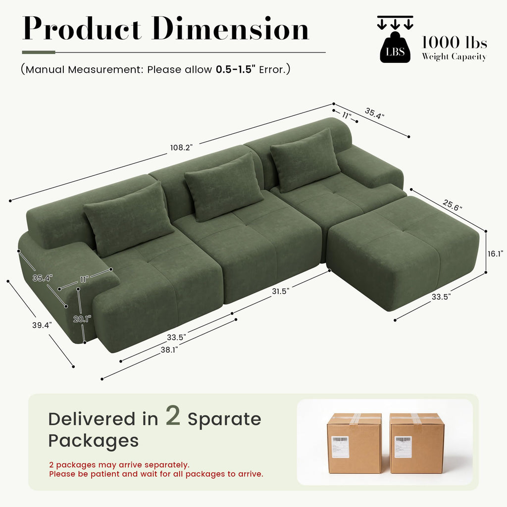 108'' Modular Boneless Sofa, Sectional Couch