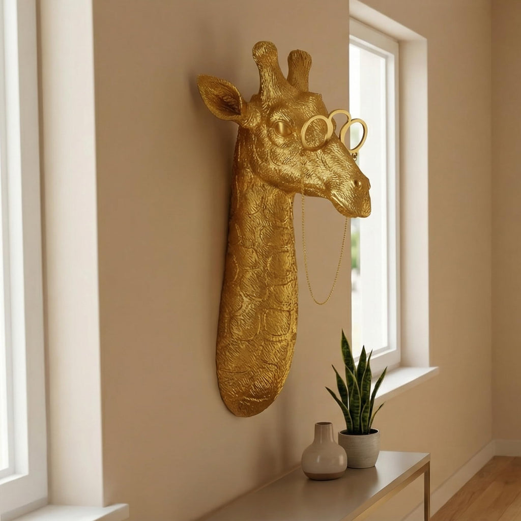 Golden Giraffe Animal Head Wall Decor with Glasses, 11.5X4.5" whimsical Resin Animal Wall Sculpture, Gold Wildlife