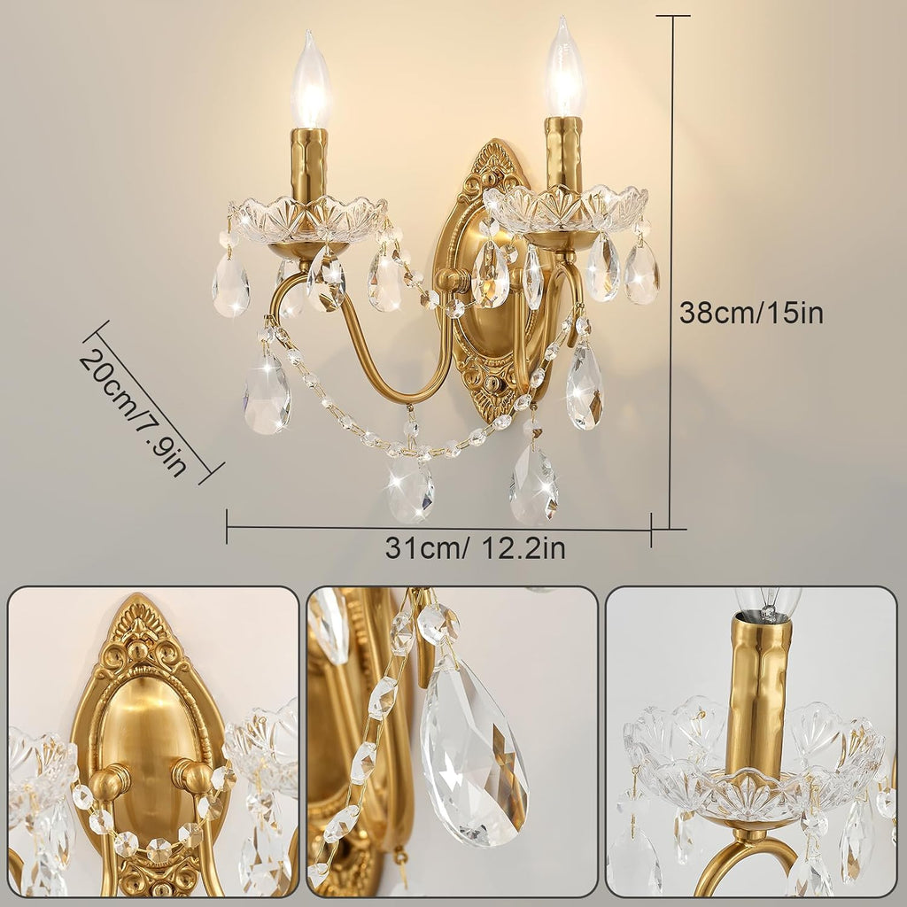 Crystal Wall Sconce Set of 2, Crystal wall sconces, Vintage wall sconces, Gold Brass Finish with Glass Drops, for
