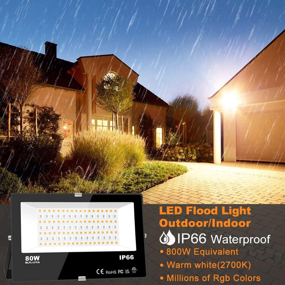 LED Flood Light Outdoor 800W Equivalent 8000LM Smart RGB Landscape Lighting | APP Control, DIY Scenes - Timing - Warm