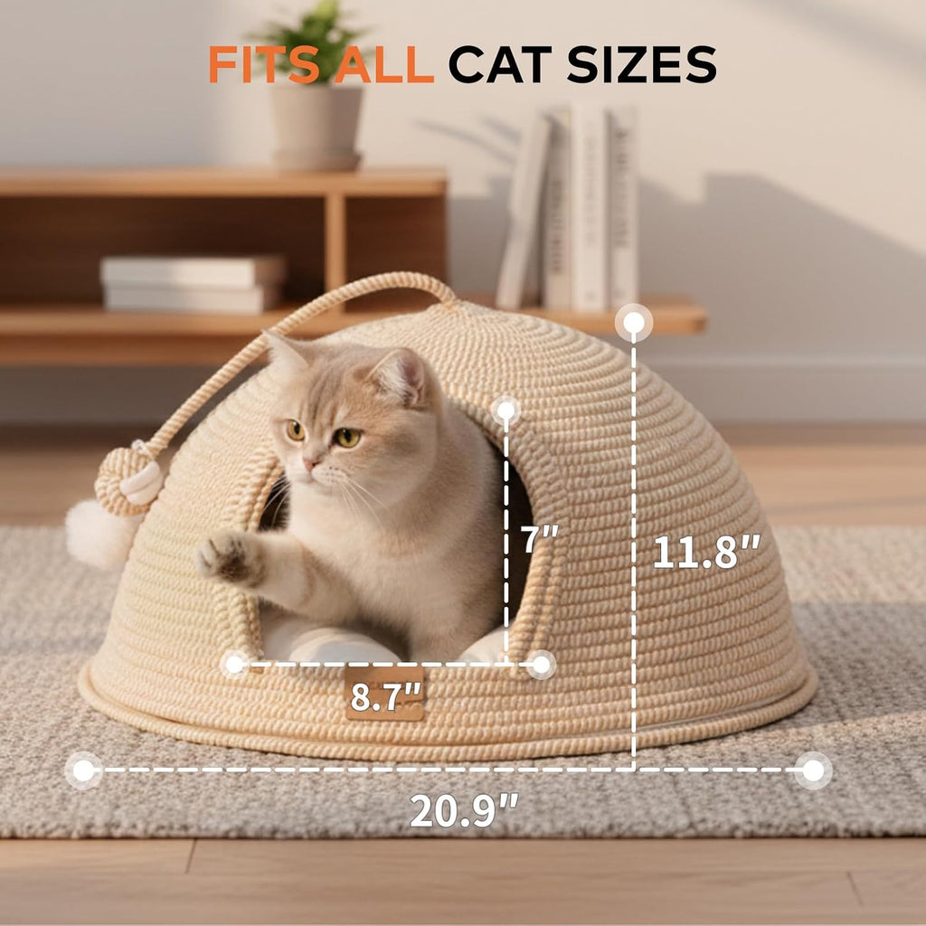 Cat Cave Bed with Washable Cushion and Ball, Handwoven Cotton Rope Cat Basket Bed for Indoor Cats Bed Covered, 3-in-1