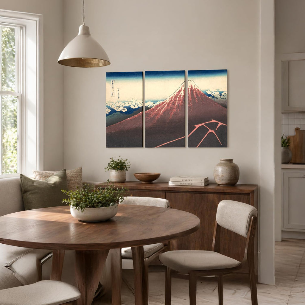 Japanese Wall Art, Black Fuji Hokusai Storm 3 Piece, 36x24''
