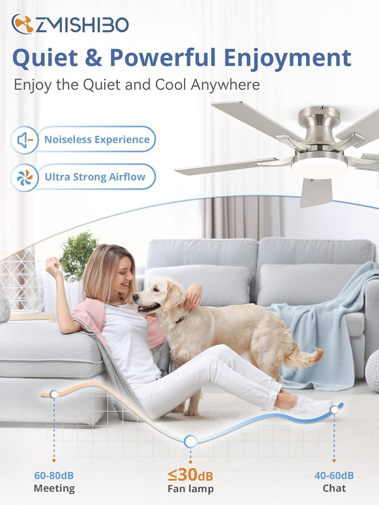 42 Inch Ceiling Fan with Light, App&Remote Control, Flush Mount Low Profile, Dimmable 20W LED Light, Quiet Reversible Motor for Bedroom, Living Room, Apartment, Nickel A101-B0F8B6BXSD