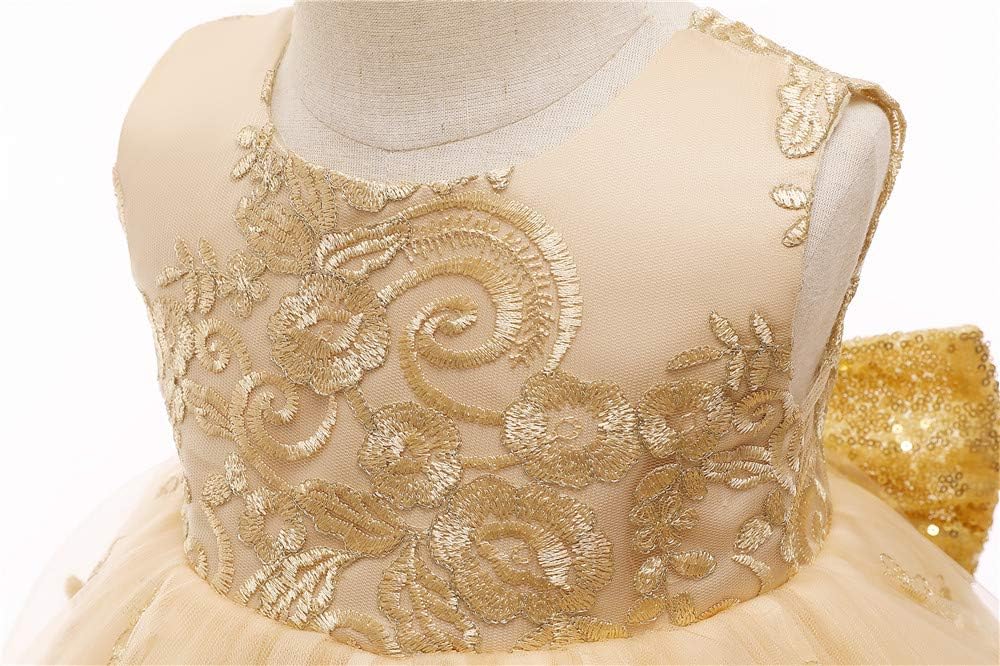 Big Bowknot Sequins Embroidered Lace Party Tutu Gown Toddler Baby Girls Dress with Headwear