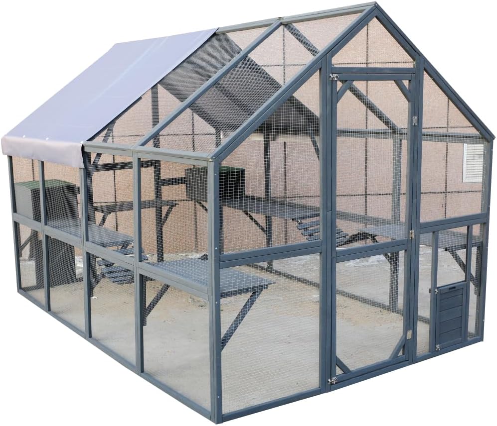 Large Wooden Cat Enclosure for Outdoor Use with Roof Cover, Bridges, Walkways and Cozy Houses for Cats to Play