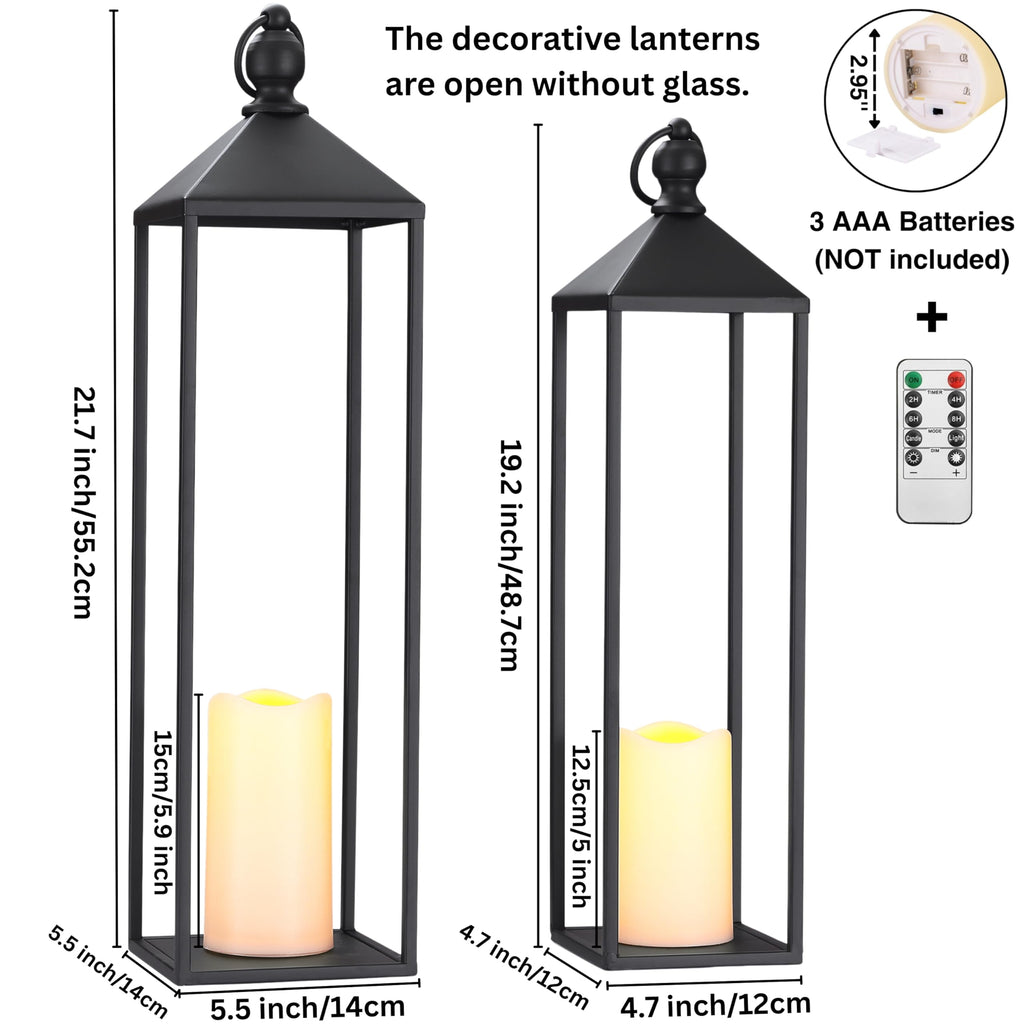 Decorative Lanterns for Indoor & Outdoor, Set of 2 Black Metal Lanterns (22" & 19") with LED Timer Flameless Candles