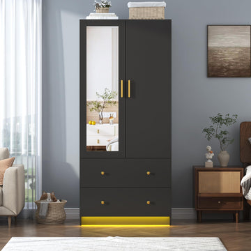 2 Doors Armoire Wardrobe Closet with Mirror, LED Closet with Doors and Drawers, Wooden Wardrobe Storage Cabinet with