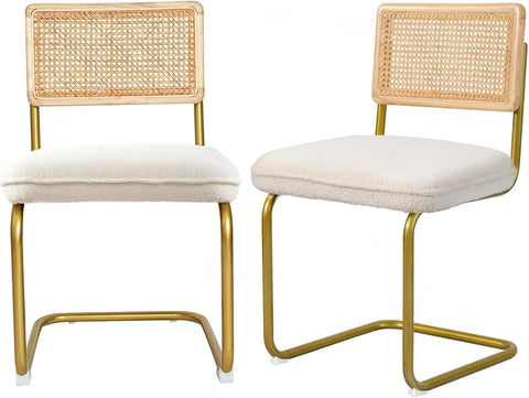 CangLong Rattan Dining Chairs Set of 2, Modern Kitchen Chairs with Natural Mesh Rattan Backrest & Solid Thick Metal