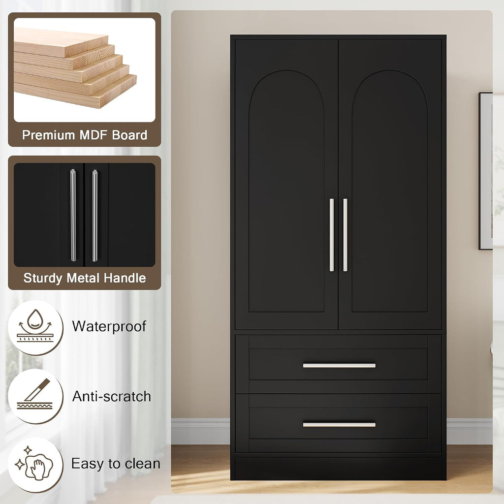 Wooden Armoire Wardrobe Closet with 2 Doors and 2 Drawers,Freestanding Armoire Storage Cabinet with Shelves,Tall