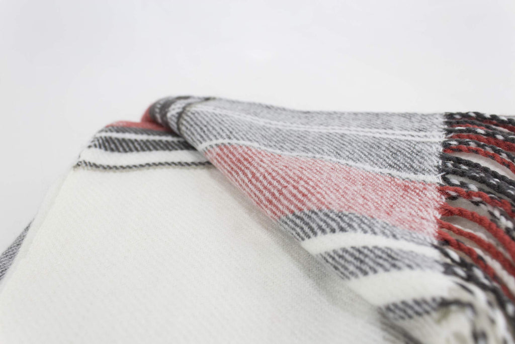 Classic Plaid Pattern Tassel Trim Throw Blanket 50 x 60 Inch - Red White Throw for Couch, Home Decor and Holiday