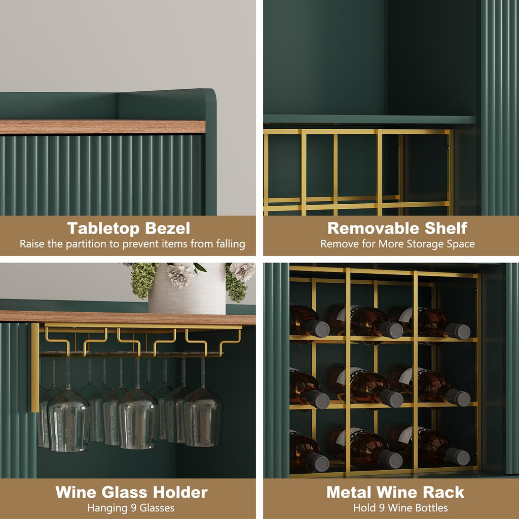 48" Wine Bar Cabinet with Fluted Texture, Buffet Sideboard, Green