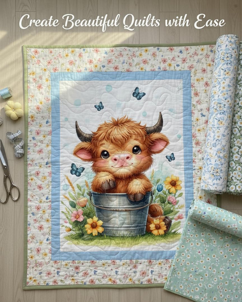 Highland Cow Cotton Fabric Panel 30x40 - Baby Quilt Panel, Farm Animal Fabric, Cute Calf Design, Cotton Twill