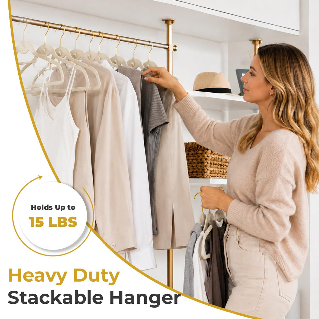 Ivory Velvet Hangers 50 Pack with Stackable Cascading Gloden Hook