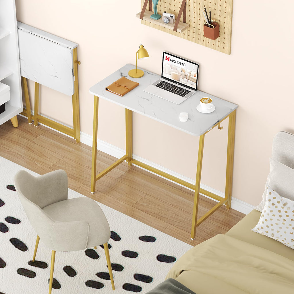 Folding Desk, 39.4" Foldable Computer Table for Small Spaces, Gold