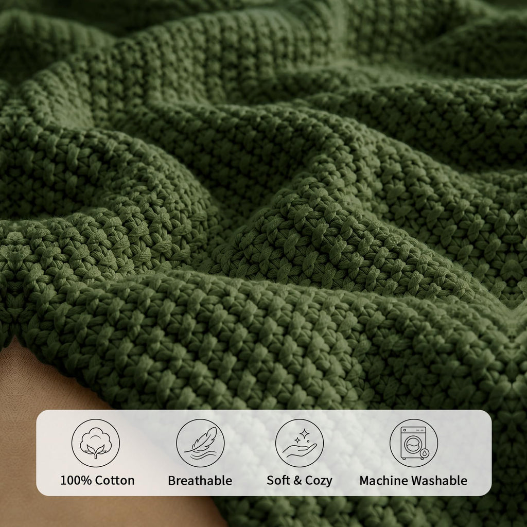 Chunky Cable Knit Throw Blanket Lightweight Olive Green 100% Organic Cotton Blanket for Sofa Couch Bed Baby Nursery