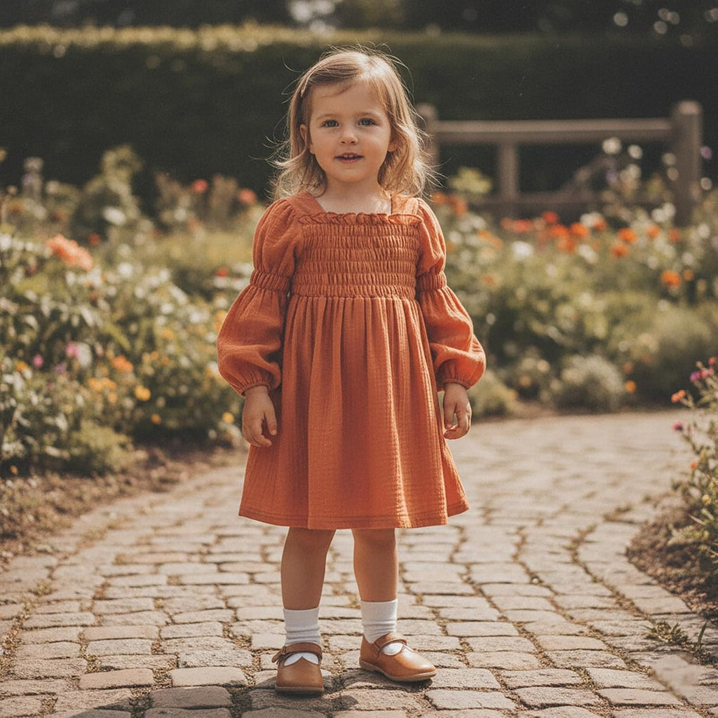 Toddler Girl Smocked Dress Lantern Long Sleeve Solid Color Casual A Line Little Girl Dresses Fall Winter Clothes
