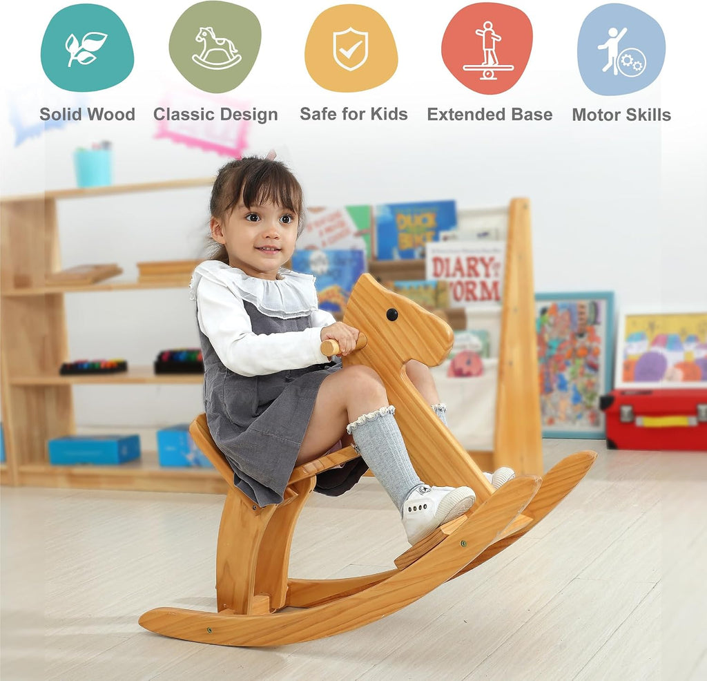 Wooden Rocking Horse, Boy & Girls Ride-On Toy with Foot Pedal