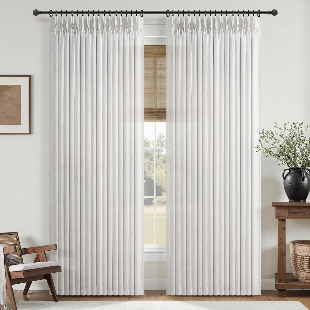 70 Inch Extra Wide Beige White Curtains 102 Inches Long for Classroom, Memory Shape Pinch Pleat Light Filtering Thick