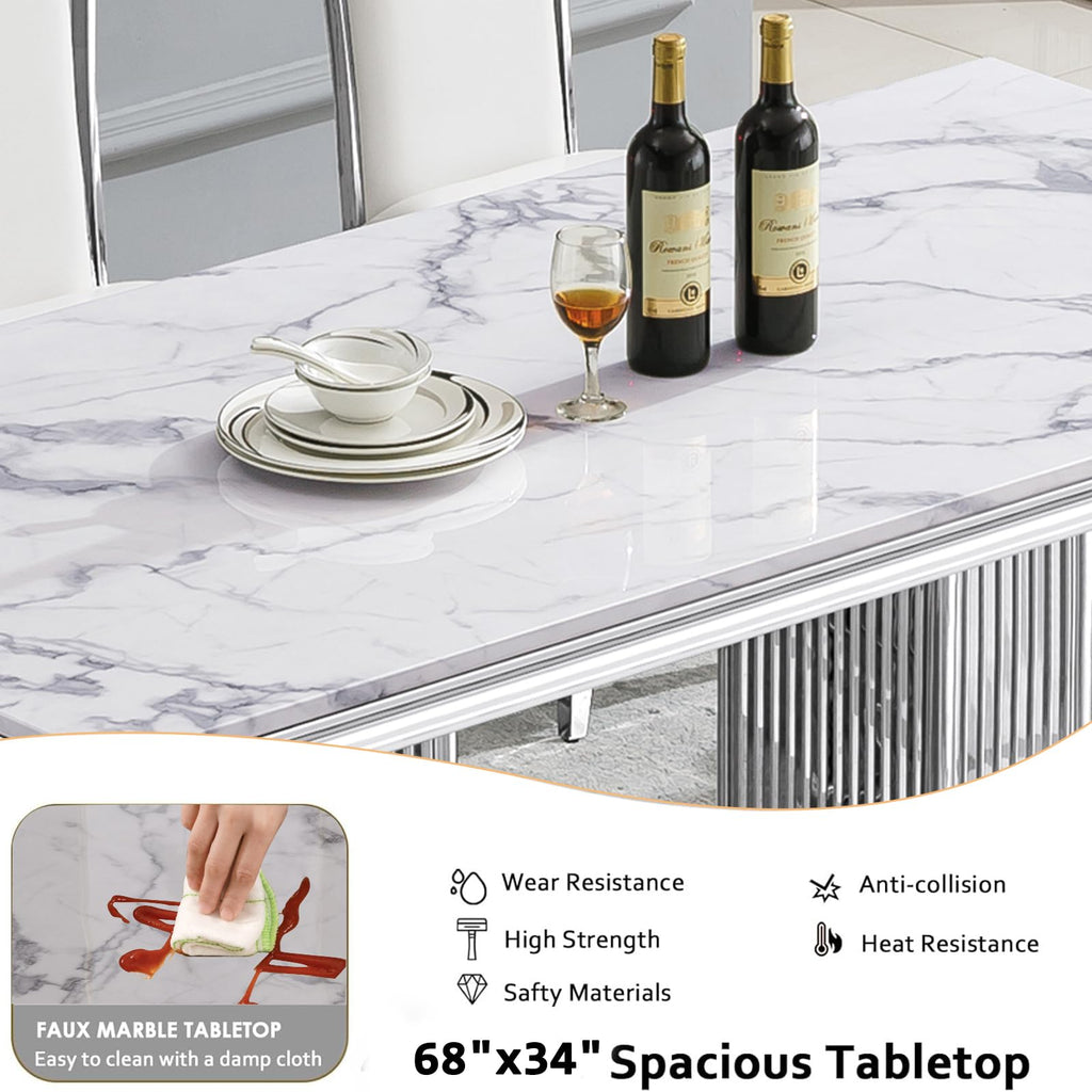 7-Piece Dining Table Set with 6 Grey Upholstered Chairs, 68" White Silver Faux Marble Kitchen Table Set for 6