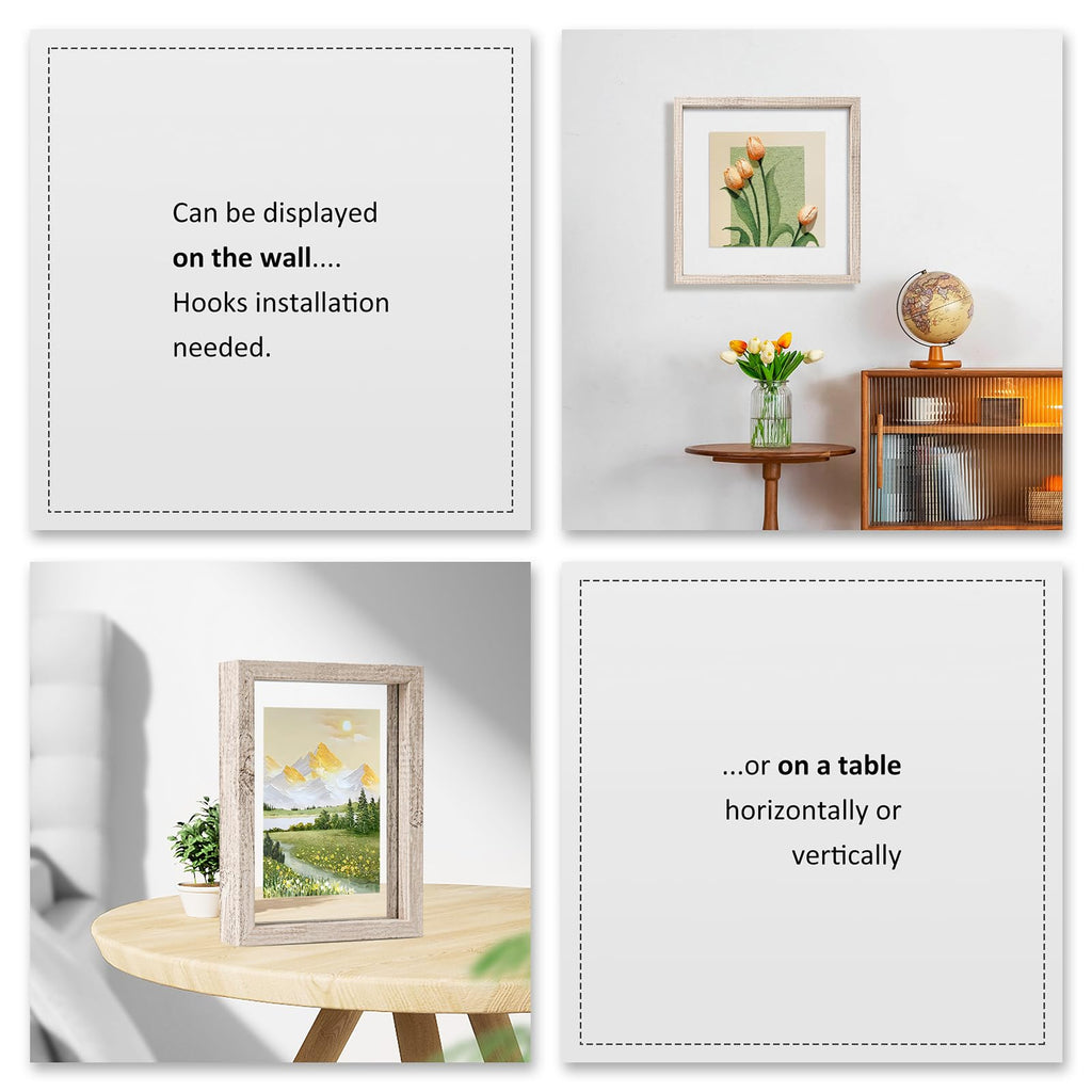 5x7 Floating Frames Distressed Beige White Wood Pattern, Double Glass Picture Frame Display Any Size Photo up to