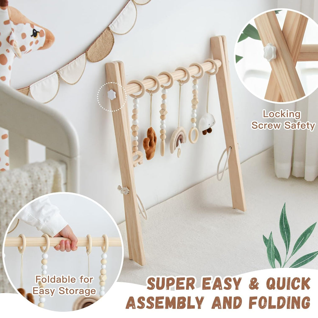 Wooden Baby Play Gym, Leaf Shaped Mat Baby Foldable Gym with 6 Hanging Toys