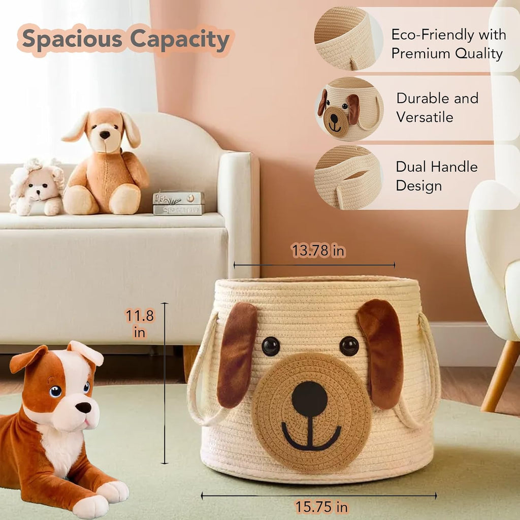 Large Dog Woven Basket with Handles - Toy Storage Bin, Baby Gift & Animal Nursery & Cute Laundry Basket, for Clothes