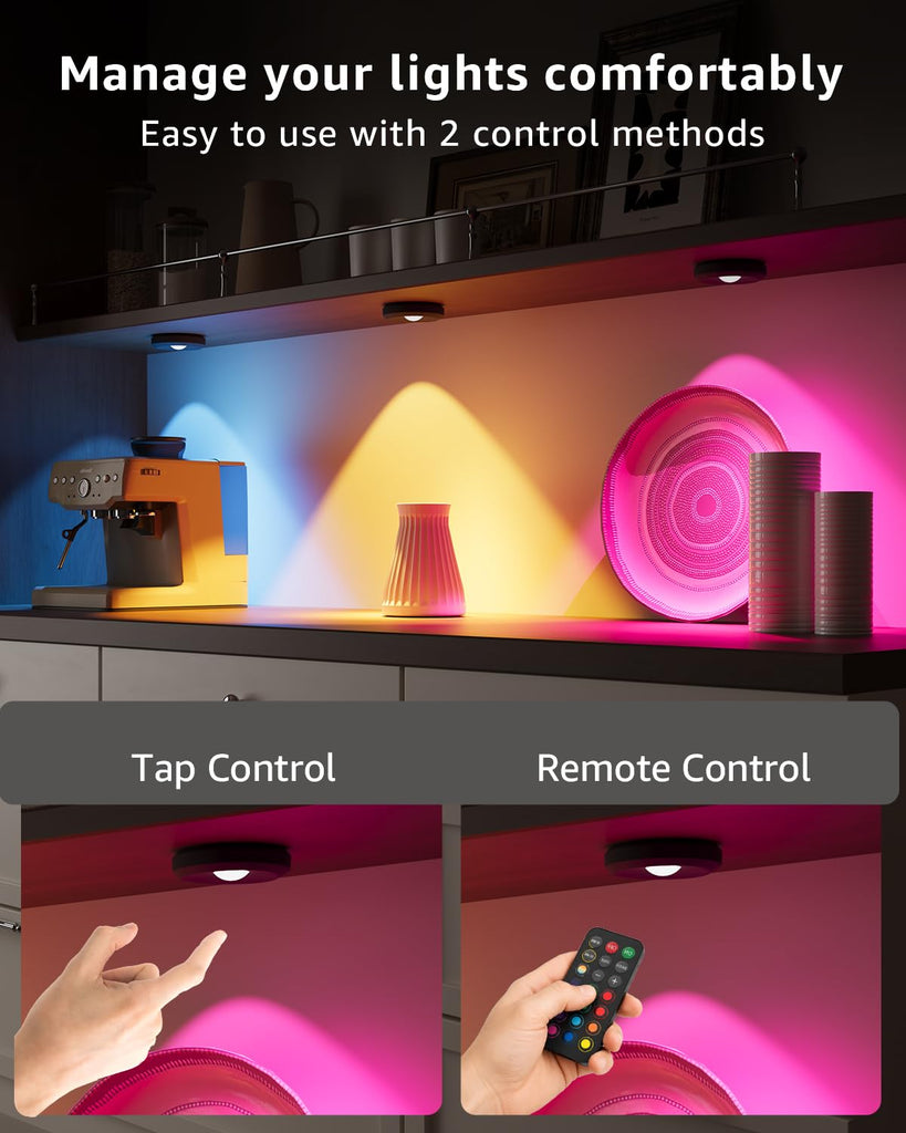 Rechargeable Puck Light with Remote, RGB Under Cabinet Light