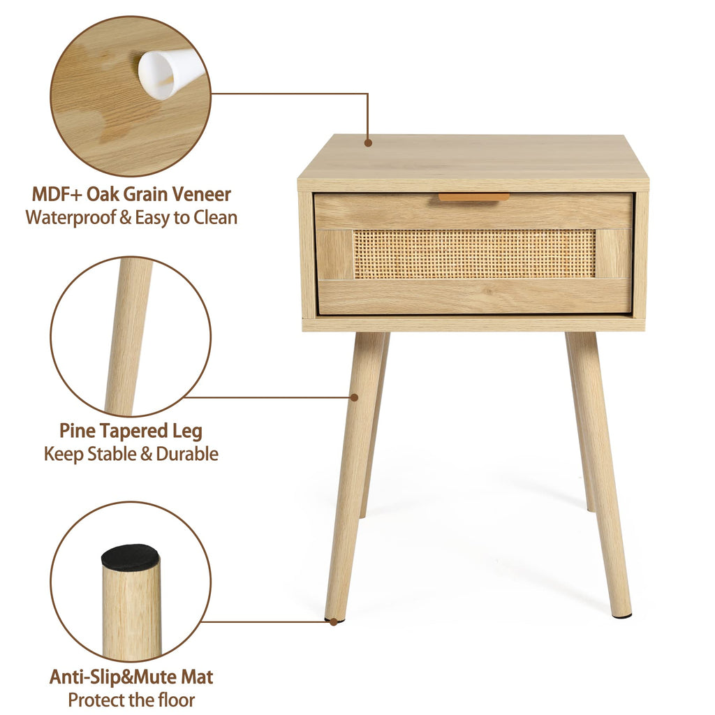 Nightstands Set of 2 with Drawer Mid Century Modern Bedside Table Set of 2 Rattan Drawer with Storage Wooden Accent