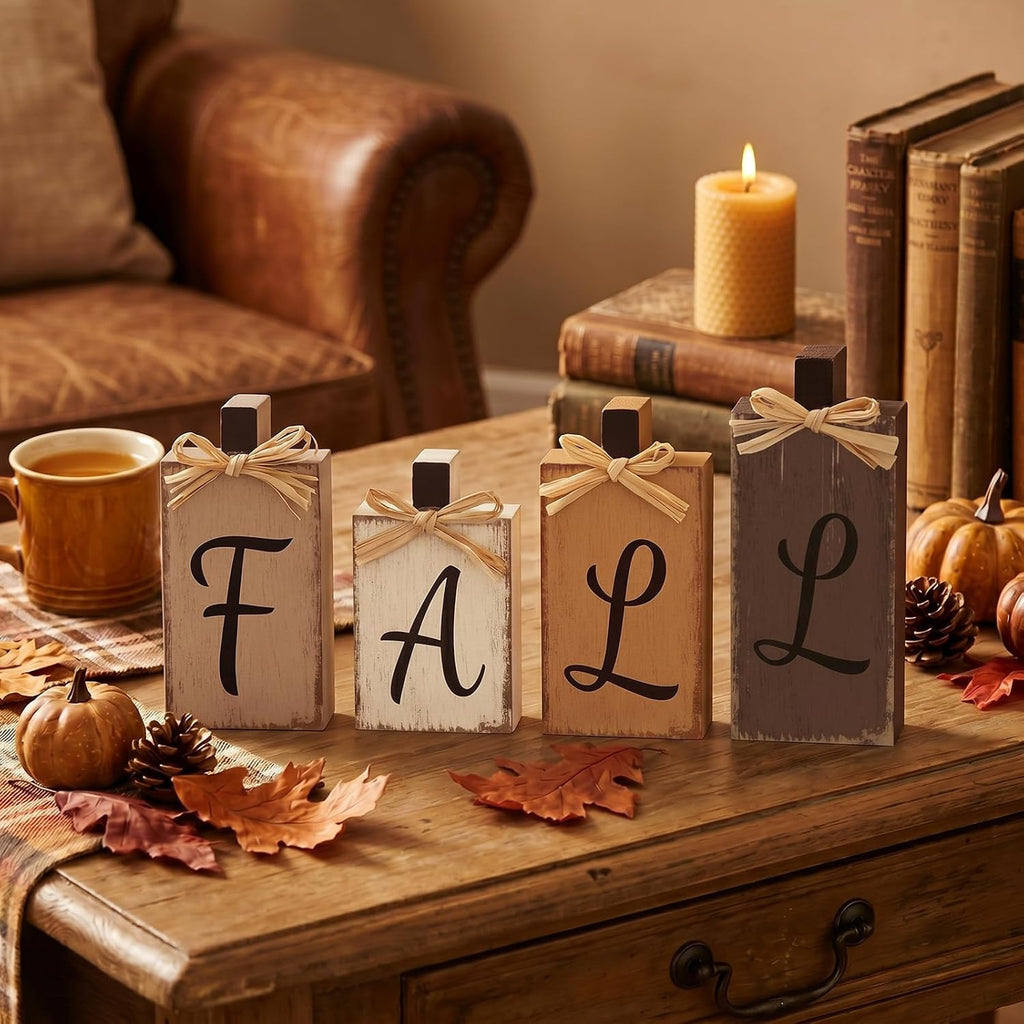 Fall Decorations Thanksgiving Neutral Brown Wooden Signs - Set of 4