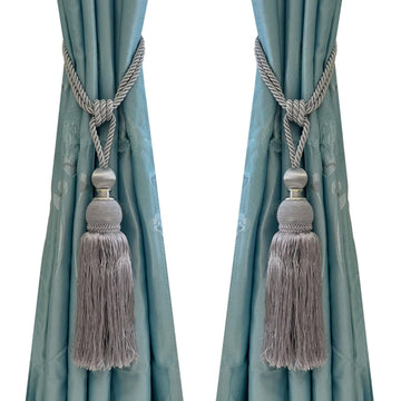 Silver Grey Braided Ball Tassel Curtain Tiebacks Set of 2 Window Decor