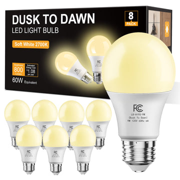8 Pack A19 Dusk to Dawn Light Bulbs Outdoor, 60W Equivalent, Energy Efficient 9W, Light Sensor LED Light Bulb