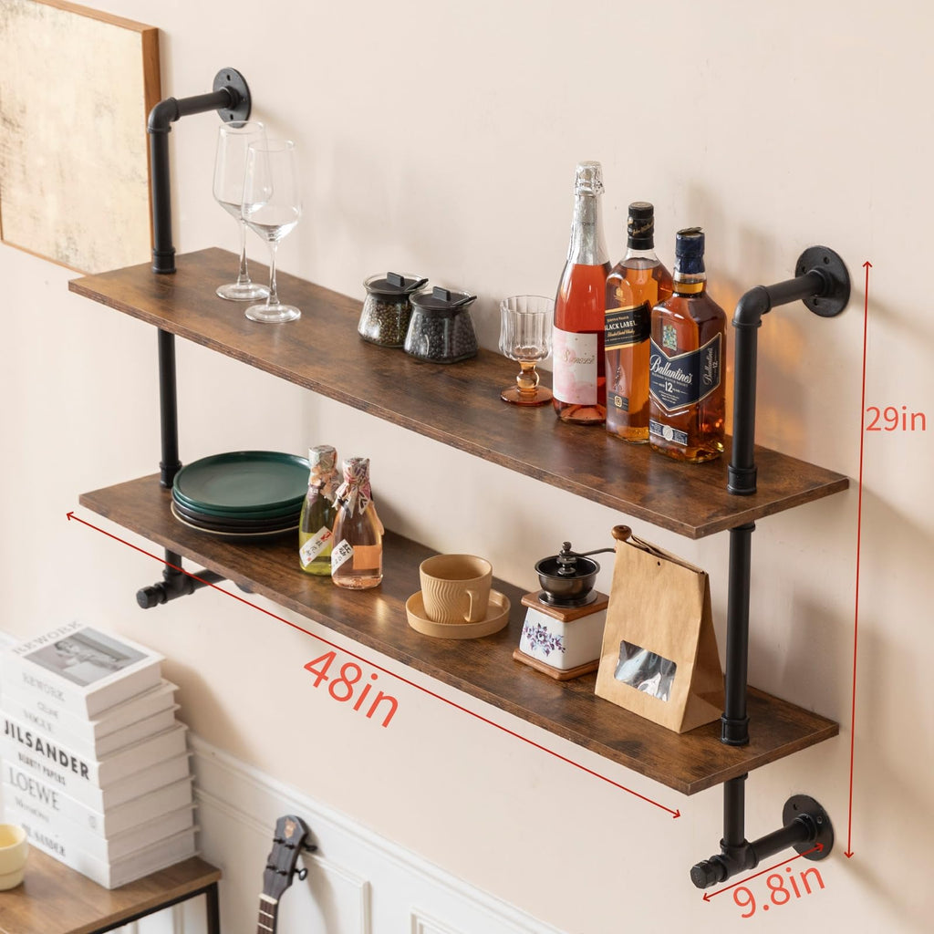 Industrial Pipe Shelving 48inch Wall Mounted, Rustic Floating Shelves with Wood Shelf, 2 Tier Farmhouse Bathroom