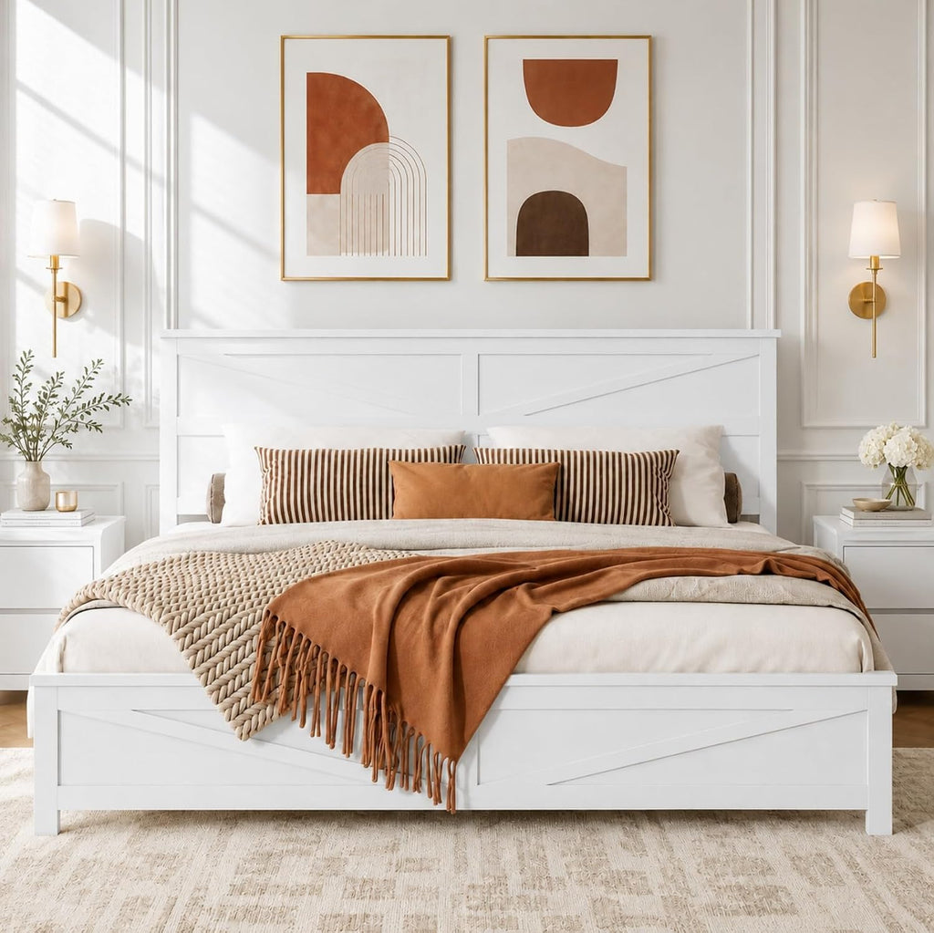 Farmhouse Queen Platform Bed Frame with Headboard and Footboard, Pinewood Bed Platform with Slat Support, No Box