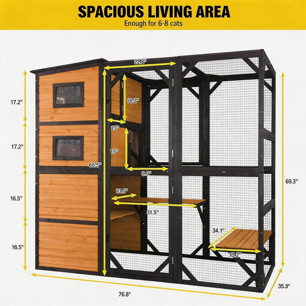 Catio Cat House Outdoor Kitty Enclosures 77" Large Cat Home with Run Cat Cage with Platforms Kitty Playpen, 4 Tiers