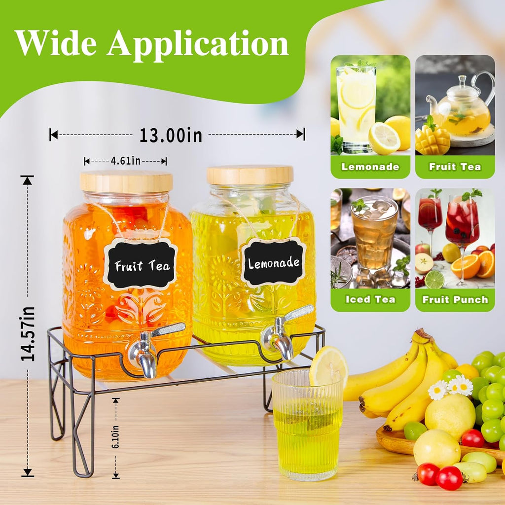 2-Pack1Gallon for Parties,Beverage Dispenser with Stainless Steel Leakproof Spigot/Stand/Bamboo Lids/Fruit - Set of 2