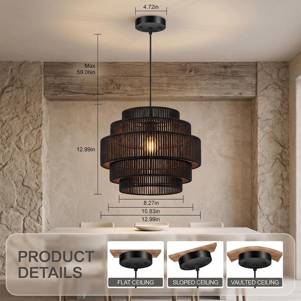 5-Tier Boho Rattan Chandelier Light Fixture, 13" Black Pendant Light with Hand Woven Hemp Rope Lampshade, Small