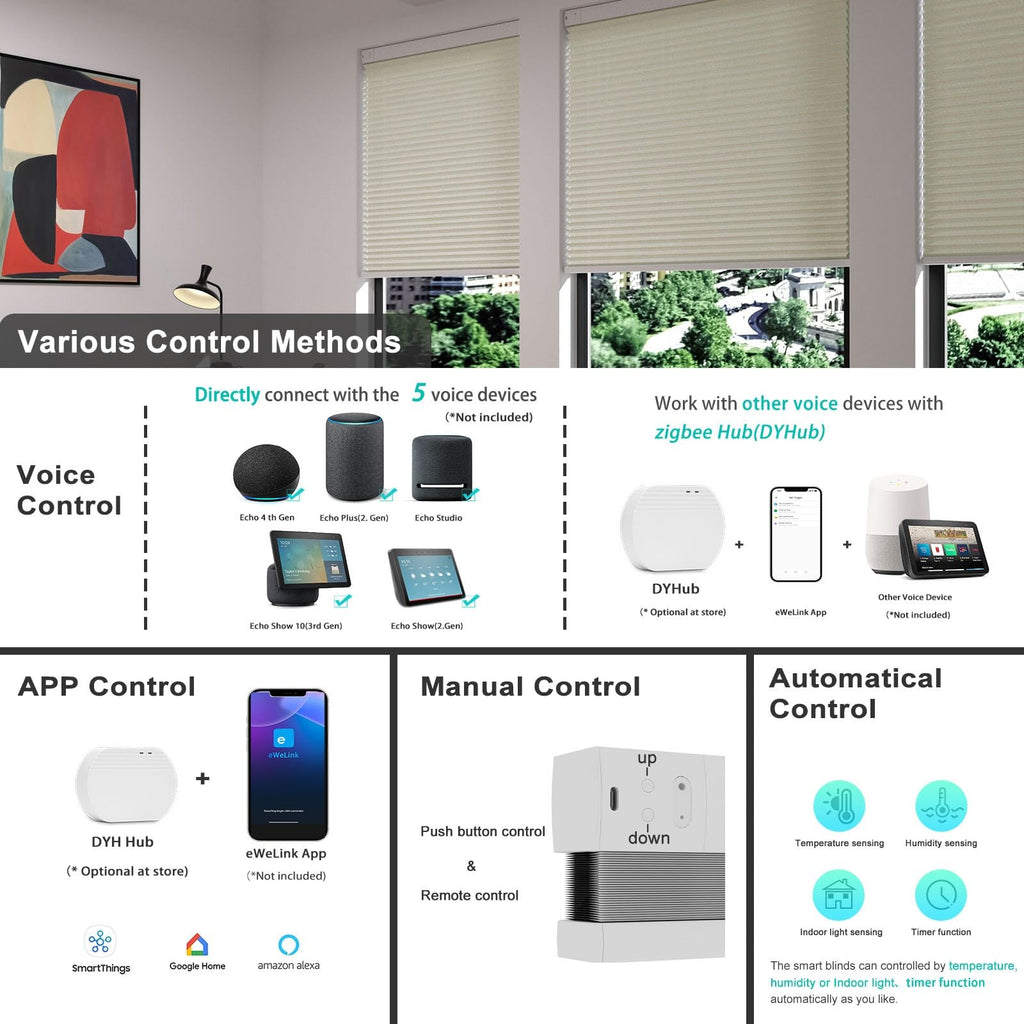 Smart Blinds Cellular Shades for Windows Doors Motorized with Remote Control, Custom Size Automatic Honeycomb Blind
