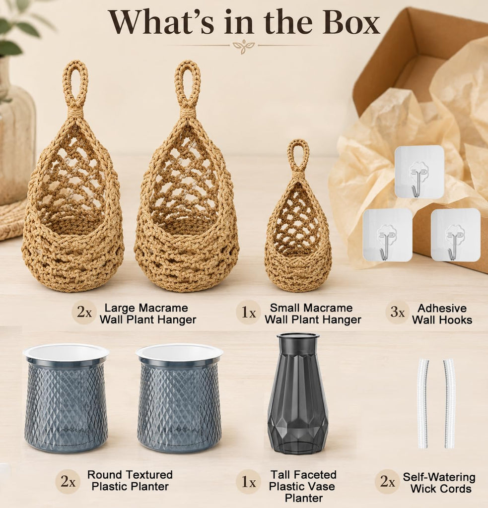 Hand‐Woven Macrame Wall Hanging Planters with Plant Pots, 3 Pack